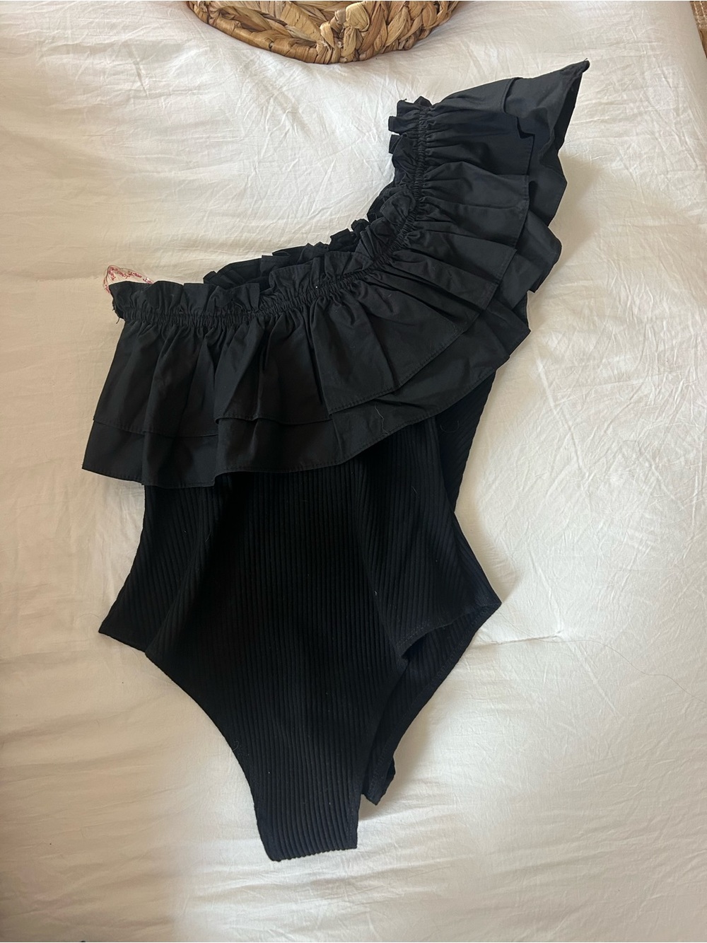 Black One-Shoulder Ruffle One-Piece - Picture 3 of 4